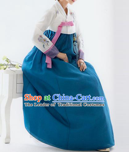 Traditional Korean Costumes Bride Wedding White Blouse and Blue Silk Dress, Korea Hanbok Princess Court Embroidered Clothing for Women