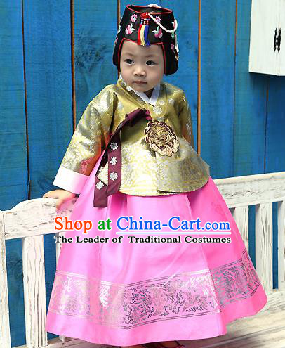 Traditional Korean Handmade Formal Occasions Costume Embroidered Baby Brithday Girls Yellow Blouse and Pink Dress Hanbok Clothing