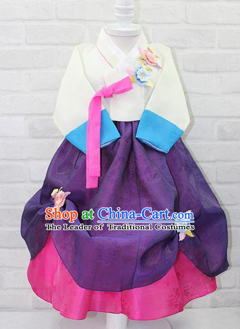 Traditional Korean Handmade Formal Occasions Costume Embroidered White Blouse and Purple Dress Bride Hanbok Clothing for Girls