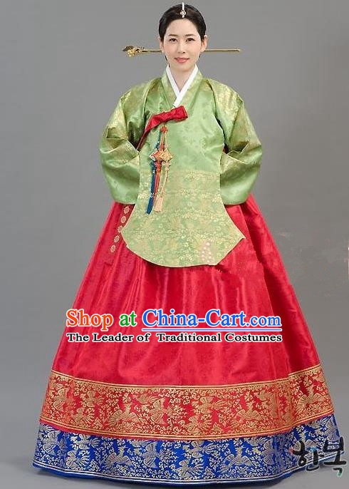 Traditional Korean Handmade Formal Occasions Costume Embroidered Green Blouse and Red Dress Hanbok Clothing for Women