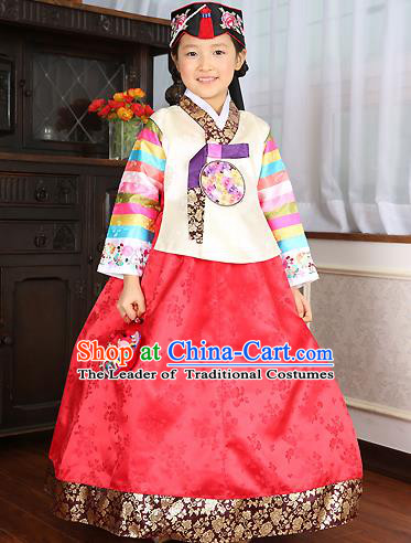 Asian Korean Traditional Handmade Formal Occasions Costume Baby Princess Embroidered White Blouse and Red Dress Hanbok Clothing for Girls