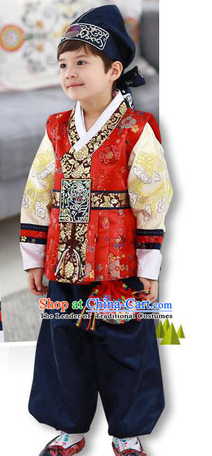 Asian Korean Traditional Handmade Formal Occasions Costume Palace Prince Embroidered Red Hanbok Clothing for Boys