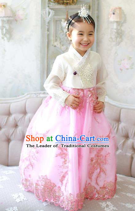 Asian Korean Traditional Handmade Formal Occasions Girls Embroidered White Blouse and Pink Lace Dress Costume Hanbok Clothing for Kids