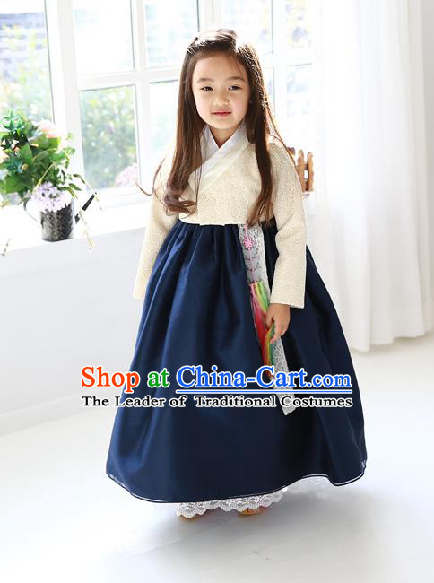 Asian Korean Traditional Handmade Formal Occasions Girls Embroidered White Blouse and Navy Dress Costume Hanbok Clothing for Kids