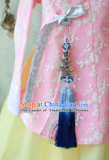 Traditional Korean Accessories Blue Tassel Butterfly Waist Pendant, Asian Korean Fashion Wedding Tassel Waist Decorations for Kids