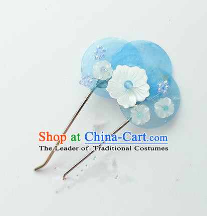 Traditional Korean National Hair Accessories Blue Shell Flower Hairpins, Asian Korean Fashion Wedding Hanbok Hair Decorations Headwear for Women