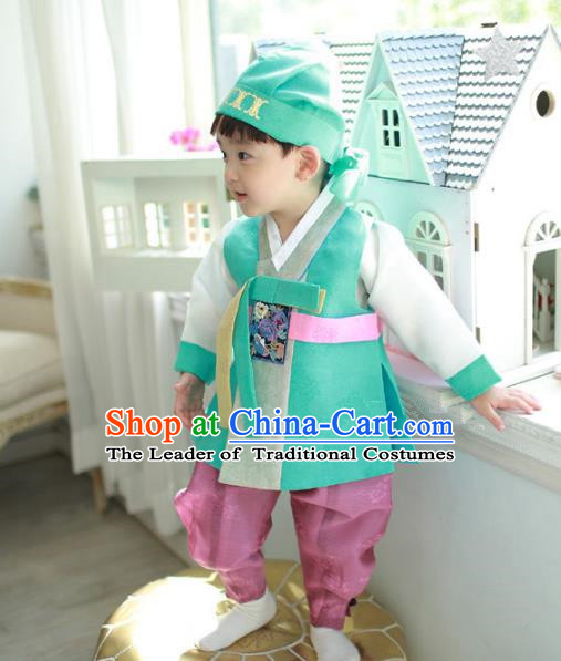 Asian Korean National Traditional Handmade Formal Occasions Boys Embroidery Green Hanbok Costume Complete Set for Kids