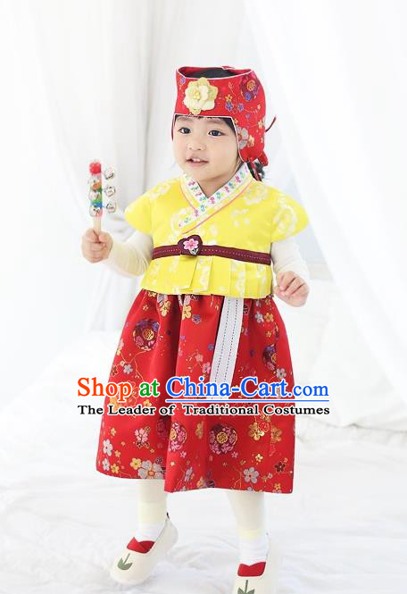 Asian Korean National Traditional Handmade Formal Occasions Girls Embroidery Hanbok Costume Yellow Vest and Red Dress Complete Set for Kids