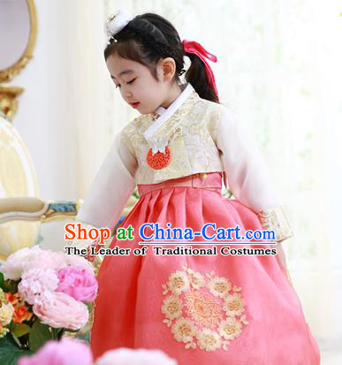 Traditional Korean National Handmade Formal Occasions Girls Hanbok Costume Embroidered White Lace Blouse and Pink Dress for Kids