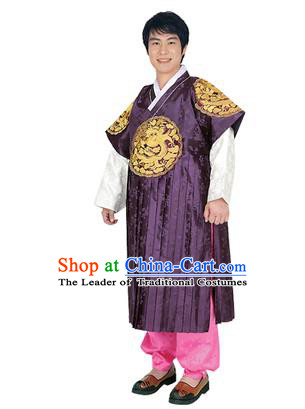 Korean National Traditional Handmade Wedding Embroidery Hanbok Costume, Asian Korean Bridegroom Purple Dragon Robe for Men