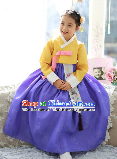 Traditional Korean National Handmade Formal Occasions Girls Palace Hanbok Costume Embroidered Yellow Blouse and Purple Dress for Kids