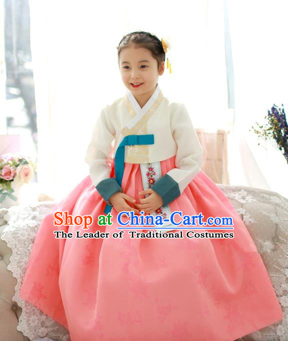 Traditional Korean National Handmade Formal Occasions Girls Palace Hanbok Costume Embroidered White Blouse and Pink Dress for Kids