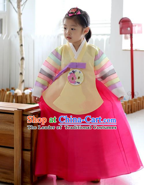 Asian Korean National Traditional Handmade Formal Occasions Girls Embroidery Hanbok Costume Yellow Blouse and Pink Dress Complete Set for Kids