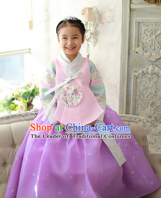 Korean National Handmade Formal Occasions Girls Embroidery Hanbok Costume Pink Blouse and Purple Dress Complete Set for Kids