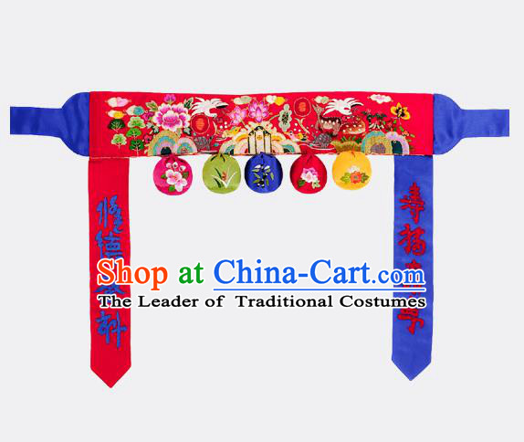 Traditional Korean Accessories Embroidered Flowers Red Waist Belts, Asian Korean Fashion Hanbok Waistband Decorations for Kids