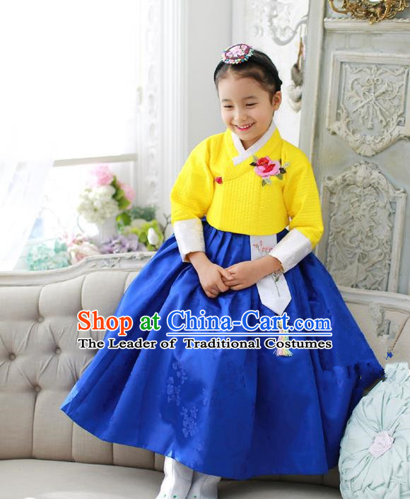 Korean National Handmade Formal Occasions Girls Embroidery Hanbok Costume Yellow Blouse and Blue Dress Complete Set for Kids