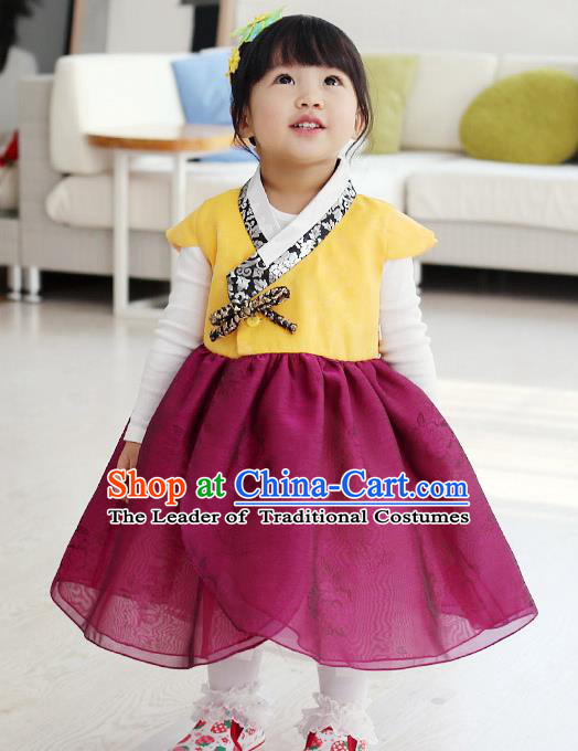 Traditional Korean National Handmade Formal Occasions Girls Embroidery Hanbok Costume Yellow Blouse and Purple Dress Complete Set for Kids