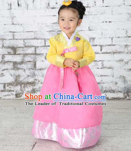 Traditional Korean National Handmade Formal Occasions Girls Hanbok Costume Embroidered Yellow Blouse and Pink Dress for Kids