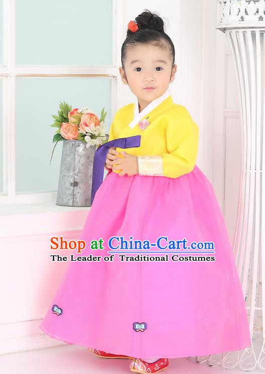 Korean National Handmade Formal Occasions Embroidered Yellow Blouse and Pink Dress, Asian Korean Girls Palace Hanbok Costume for Kids