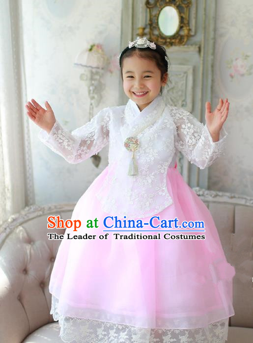 Korean National Handmade Formal Occasions Embroidered White Lace Blouse and Pink Dress, Asian Korean Girls Palace Hanbok Costume for Kids