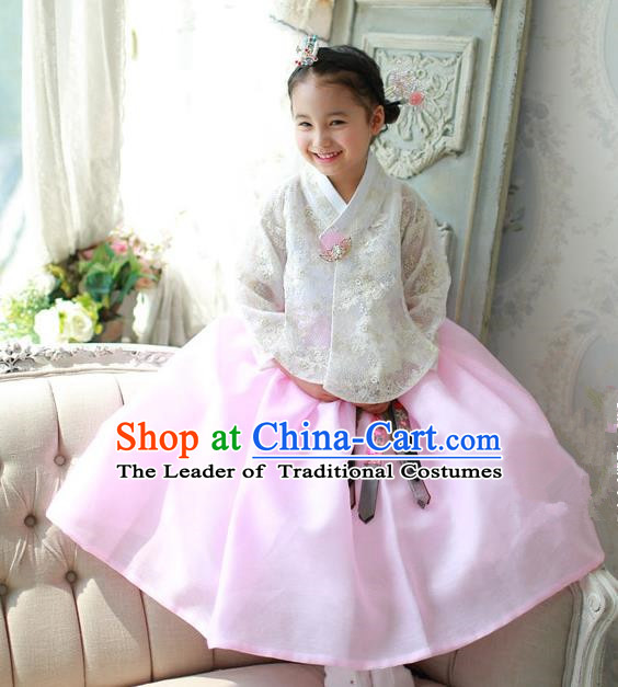 Korean National Handmade Formal Occasions White Embroidered Blouse and Pink Dress, Asian Korean Girls Palace Hanbok Costume for Kids