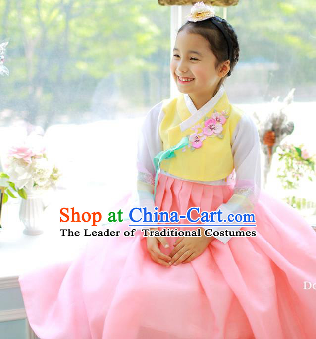 Asian Korean National Handmade Formal Occasions Embroidered Yellow Blouse and Pink Dress Hanbok Costume for Kids