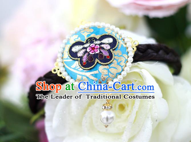 Traditional Korean Hair Accessories Embroidered Butterfly Blue Hair Clasp, Asian Korean Wedding Hanbok Hair Decorations Headwear for Kids