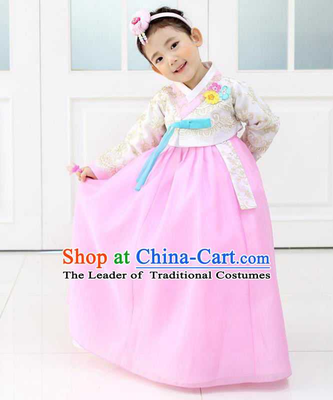 Korean National Handmade Formal Occasions Embroidered White Lace Blouse and Pink Dress, Asian Korean Girls Palace Hanbok Costume for Kids