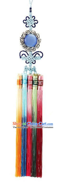 Korean National Belts Accessories Bride Wedding Blue Chinese Knot Waist Pendant, Asian Korean Hanbok Orange Tassel Waist Decorations for Women