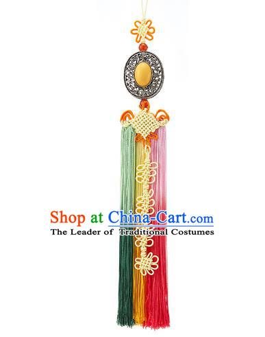 Asian Korean Yellow Chinese Knot Tassel Waist Decorations, Korean National Belts Accessories Bride Wedding Hanbok Waist Pendant for Women