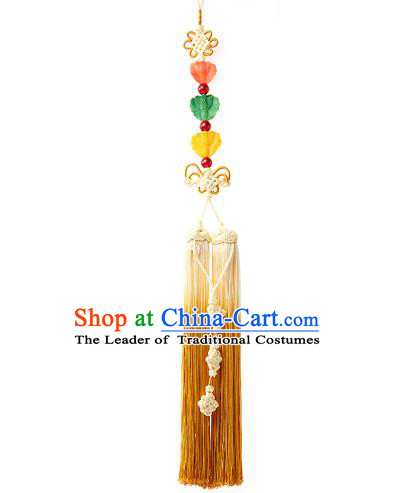 Asian Korean Hanbok Chinese Knot Yellow Tassel Waist Decorations, Korean National Belts Accessories Bride Wedding Waist Pendant for Women