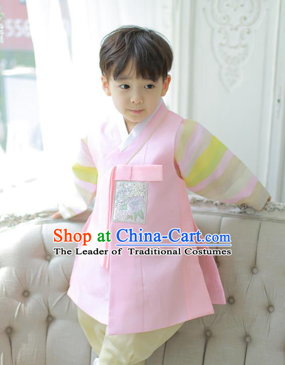 Asian Korean National Handmade Formal Occasions Embroidered Palace Prince Pink Hanbok Costume Complete Set for Boys