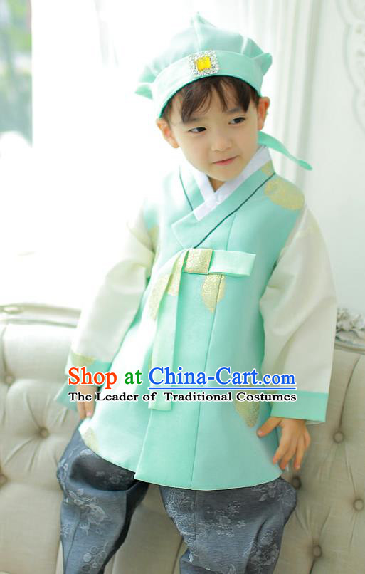 Asian Korean National Handmade Formal Occasions Embroidered Palace Prince Green Hanbok Costume Complete Set for Boys