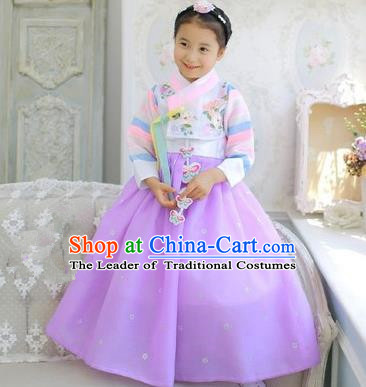 Asian Korean National Handmade Formal Occasions Embroidered White Blouse and Purple Dress Palace Hanbok Costume for Kids