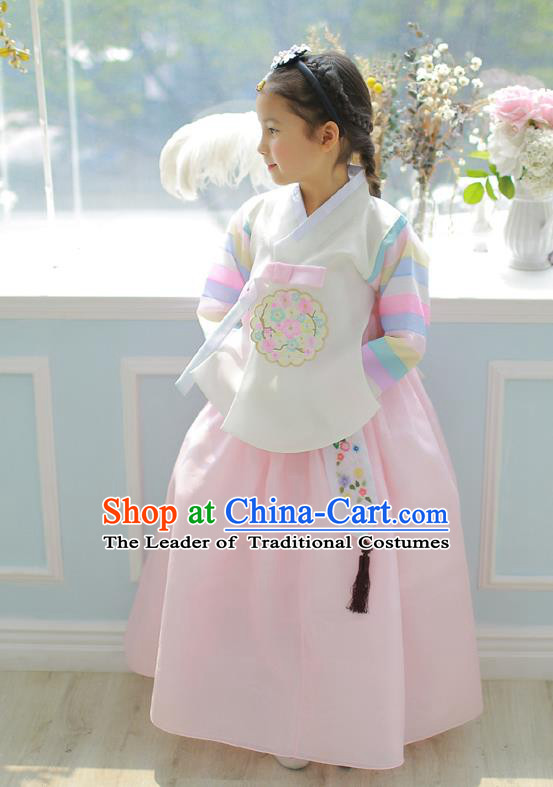 Asian Korean National Handmade Formal Occasions Embroidered White Blouse and Pink Dress Palace Hanbok Costume for Kids