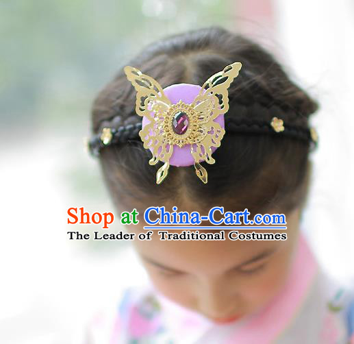 Korean National Hair Accessories Butterfly Purple Hair Clasp, Asian Korean Hanbok Fashion Headwear Headband for Kids