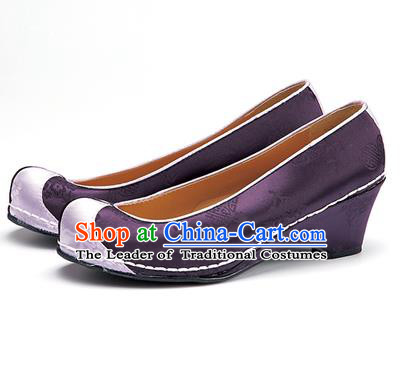 Traditional Korean National Wedding Embroidered Shoes, Asian Korean Hanbok Bride Embroidery Purple Satin Shoes for Women