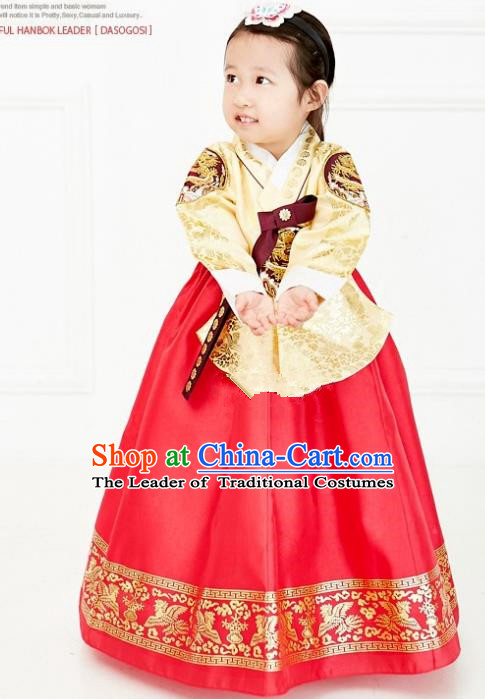 Asian Korean National Handmade Formal Occasions Wedding Embroidered Yellow Blouse and Red Dress Traditional Palace Hanbok Costume for Kids