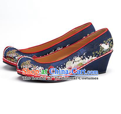 Traditional Korean National Wedding Shoes Embroidered Shoes, Asian Korean Hanbok Embroidery Navy Bride Court Shoes for Women