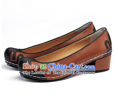 Traditional Korean National Wedding Shoes Embroidered Shoes, Asian Korean Hanbok Embroidery Brown Court Shoes for Women