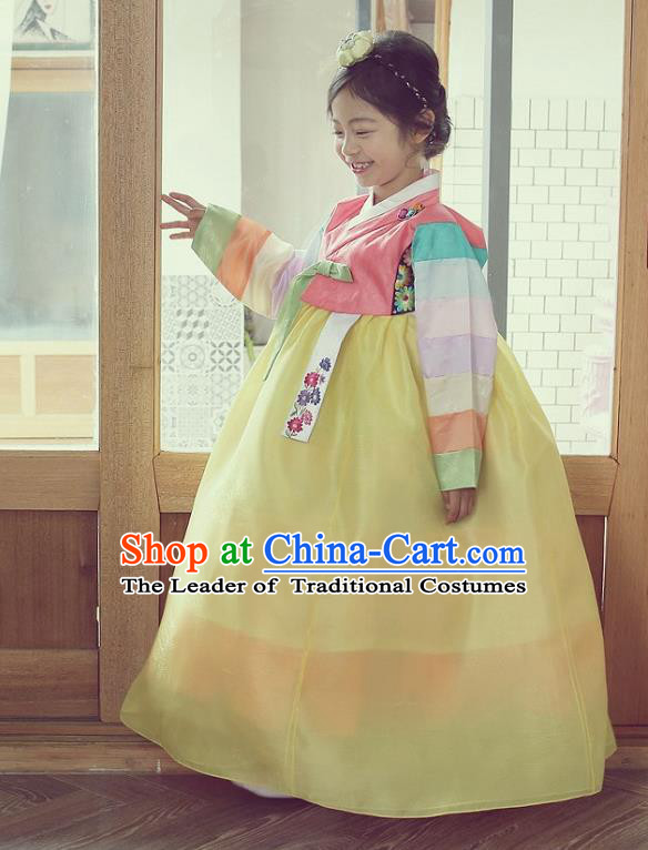 Asian Korean National Handmade Formal Occasions Wedding Embroidered Pink Blouse and Yellow Dress Traditional Palace Hanbok Costume for Kids