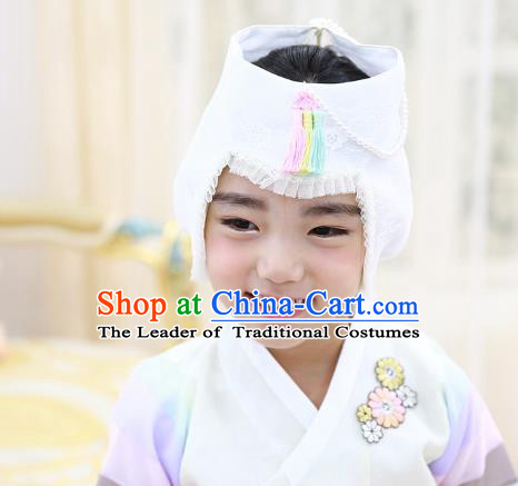 Traditional Korean Hair Accessories Bride Embroidered White Hats, Asian Korean Fashion Hanbok Headwear for Girls