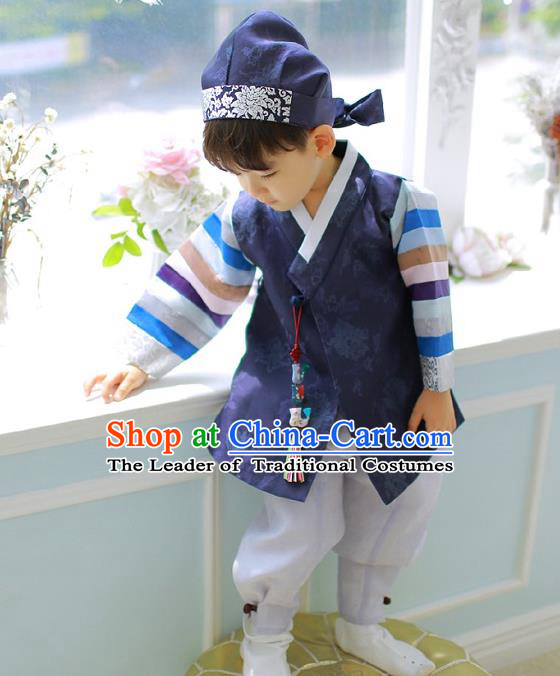 Asian Korean National Traditional Handmade Formal Occasions Boys Embroidery Navy Hanbok Costume Complete Set for Kids