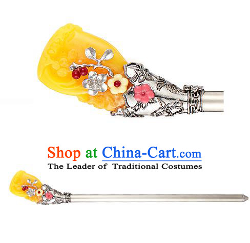 Traditional Korean Hair Accessories Bride Wedding Yellow Hairpins, Asian Korean Hanbok Fashion Palace Headwear Hair Stick for Women