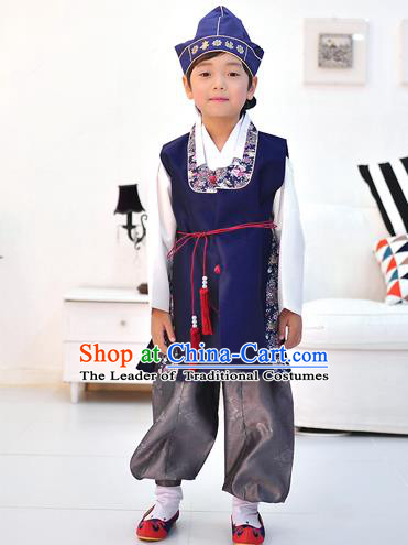 Asian Korean National Traditional Handmade Formal Occasions Boys Embroidery Blue Vest Hanbok Costume Complete Set for Kids