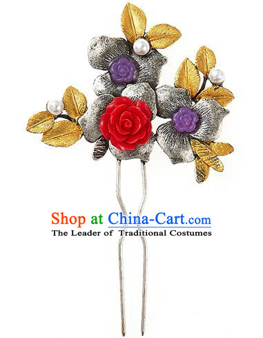 Traditional Korean National Wedding Hair Accessories Bride Palace Rose Flowers Hairpins, Korean Hanbok Fashion Hair Stick Headwear for Women