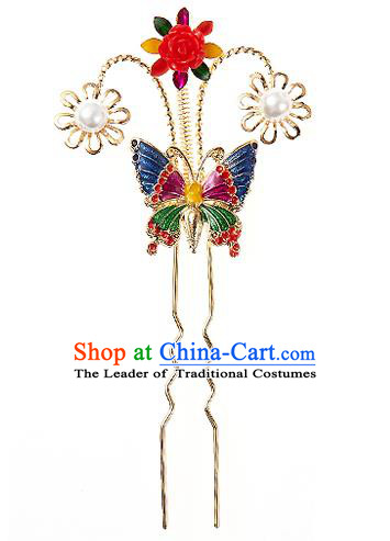 Traditional Korean National Wedding Hair Accessories Bride Palace Cyphers Blueing Butterfly Pearls Hairpins, Korean Hanbok Fashion Hair Stick Headwear for Women