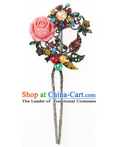 Traditional Korean National Wedding Hair Accessories Bride Palace Cyphers Pink Rose Hairpins, Korean Hanbok Fashion Hair Stick Headwear for Women