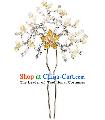 Traditional Korean National Wedding Hair Accessories Bride Palace Cyphers Yellow Flower Pearls Crystal Hairpins, Korean Hanbok Fashion Hair Stick Headwear for Women