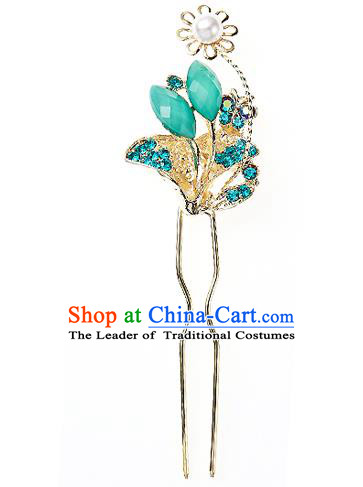 Traditional Korean National Hair Accessories Bride Wedding Green Butterfly Crystal Hairpins, Asian Korean Hanbok Fashion Headwear Hair Stick for Women